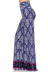 Niobe Clothing High Waist Fold Over Wide Leg Palazzo Pants (Royal Damask) - pants