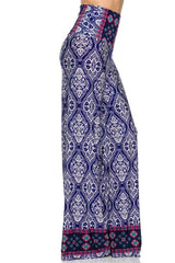 Niobe Clothing High Waist Fold Over Wide Leg Palazzo Pants (Royal Damask) - pants