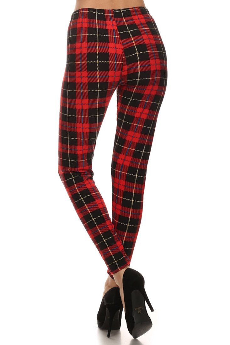 Red Plaid Design Leggings leggings- Niobe Clothing
