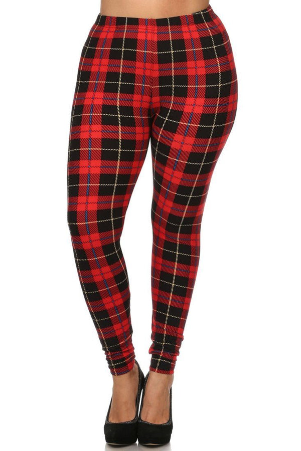 Red Plaid Design Leggings (Plus Size) leggings- Niobe Clothing