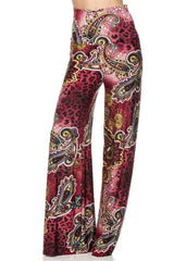 Niobe Clothing High Waist Fold Over Wide Leg Palazzo Pants (Burgundy Leopard) - pants