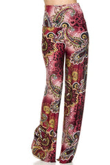 Niobe Clothing High Waist Fold Over Wide Leg Palazzo Pants (Burgundy Leopard) - pants