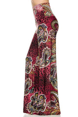 Niobe Clothing High Waist Fold Over Wide Leg Palazzo Pants (Burgundy Leopard) - pants