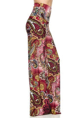 Niobe Clothing High Waist Fold Over Wide Leg Palazzo Pants (Burgundy Leopard) - pants