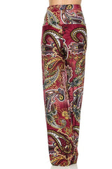 Niobe Clothing High Waist Fold Over Wide Leg Palazzo Pants (Burgundy Leopard) - pants