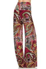 Niobe Clothing High Waist Fold Over Wide Leg Palazzo Pants (Burgundy Leopard) - pants