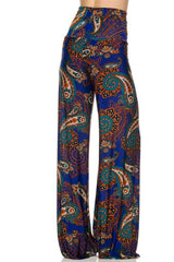 Niobe Clothing High Waist Fold Over Wide Leg Gaucho Palazzo Pants (Royal Koi) - pants
