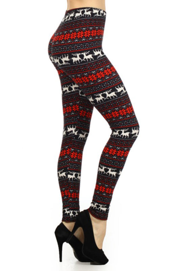 Black Red Reindeer Snowflake Design Leggings leggings- Niobe Clothing