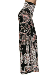 Niobe Clothing High Waist Fold Over Wide Leg Gaucho Palazzo Pants (Black Pink Paisley) - pants