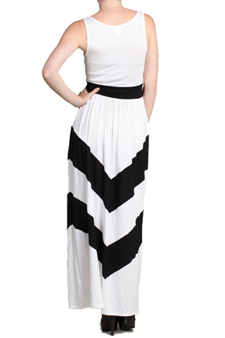 Niobe Clothing Sleeveless White Scoop Neck Chevron Striped Maxi Dress - f_dresses