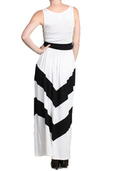 Sleeveless White Scoop Neck Chevron Striped Maxi Dress dress- Niobe Clothing
