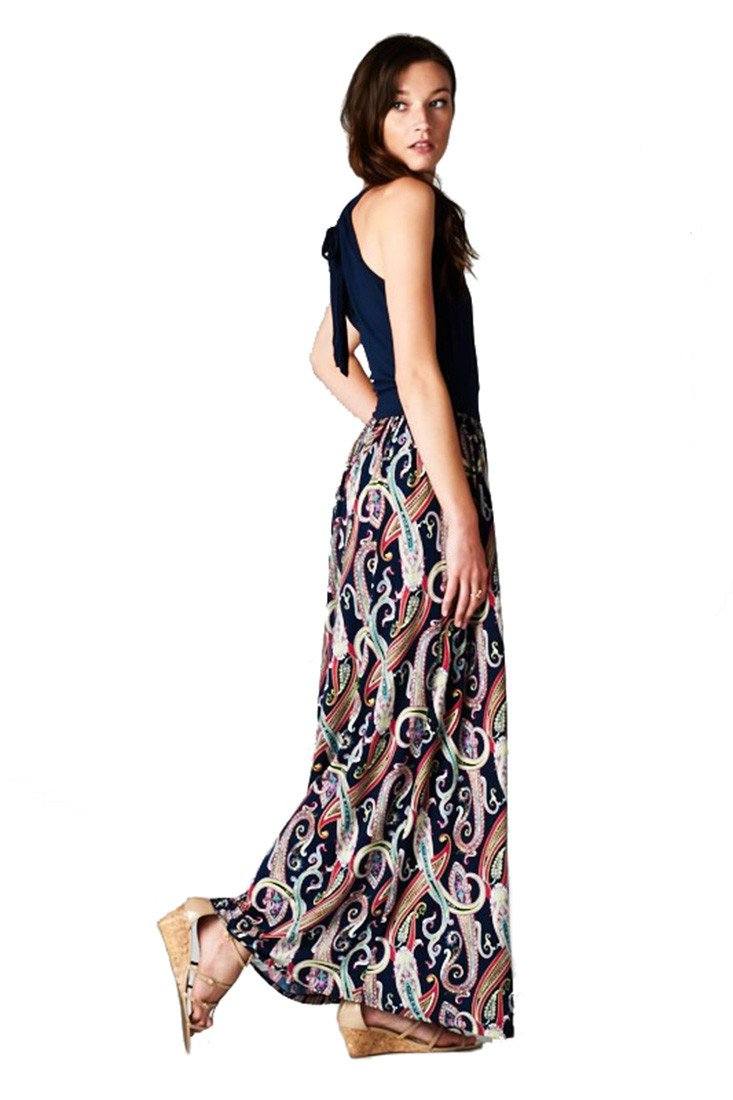Multi Color Paisley Floral Sleeveless Halter Style Maxi Dress dress- Niobe Clothing