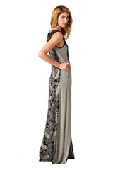 Niobe Clothing Sleeveless Black White Paisley Striped Mixed Media Lace Maxi Dress - f_dresses