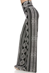 Niobe Clothing High Waist Foldover Boho Palazzo Pants (Black White Medallion) - pants