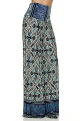 Niobe Clothing High Waist Foldover Boho Palazzo Pants (Blue Multicolor) - pants