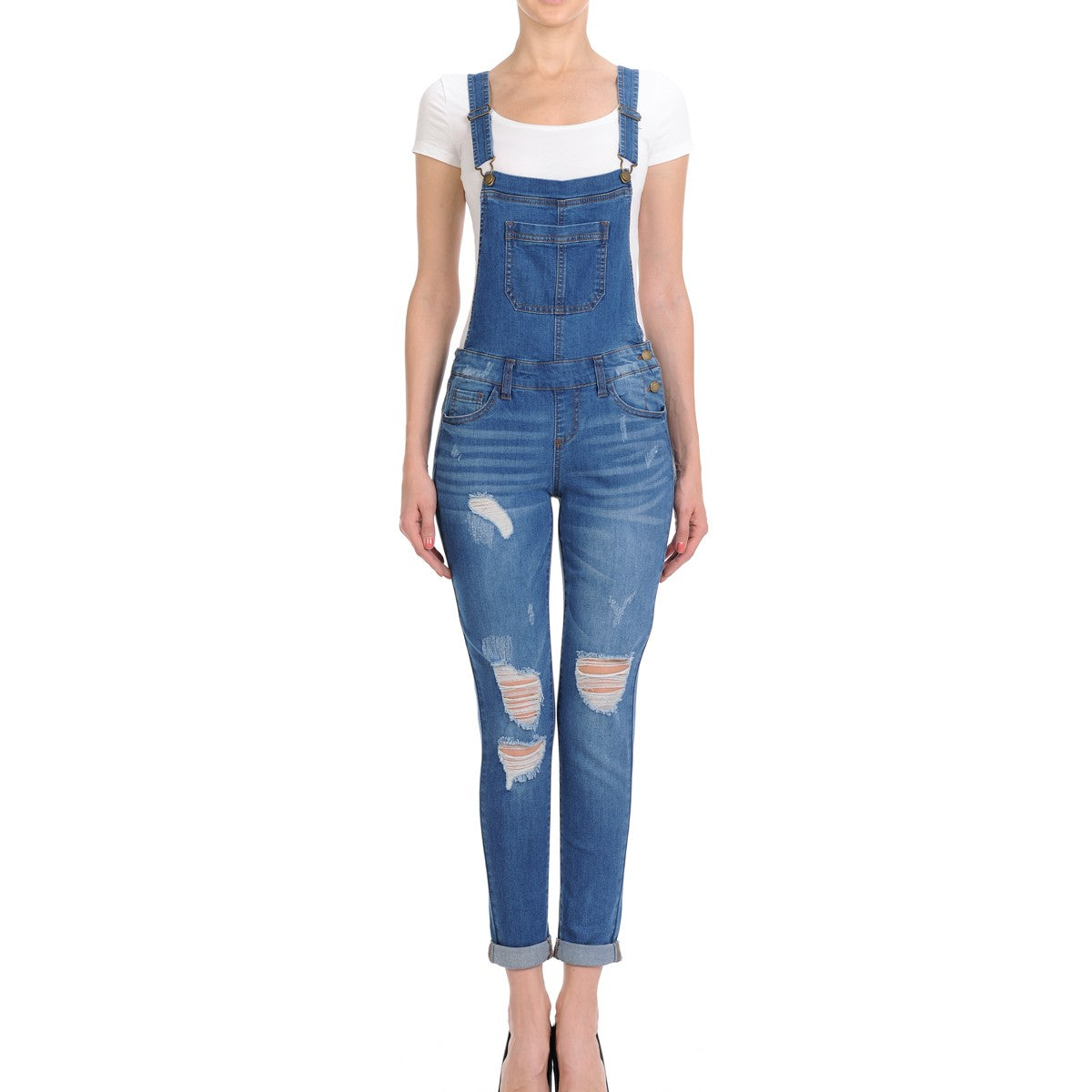 Wax Distressed Denim Overalls - One-Pieces f_dresses