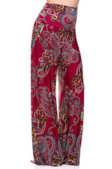 Niobe Clothing High Waist Foldover Boho Palazzo Pants (Burgundy Leopard) - pants