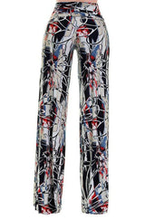 Niobe Clothing High Waist Fold Over Wide Leg Gaucho Palazzo Pants (Abstract Daisy) - pants