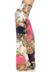Niobe Clothing High Waist Fold Over Wide Leg Gaucho Palazzo Pants (Pink Paisley) - pants