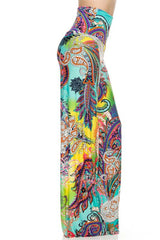 Niobe Clothing High Waist Fold Over Wide Leg Gaucho Palazzo Pants (Turquoise Multi Paisley) - pants