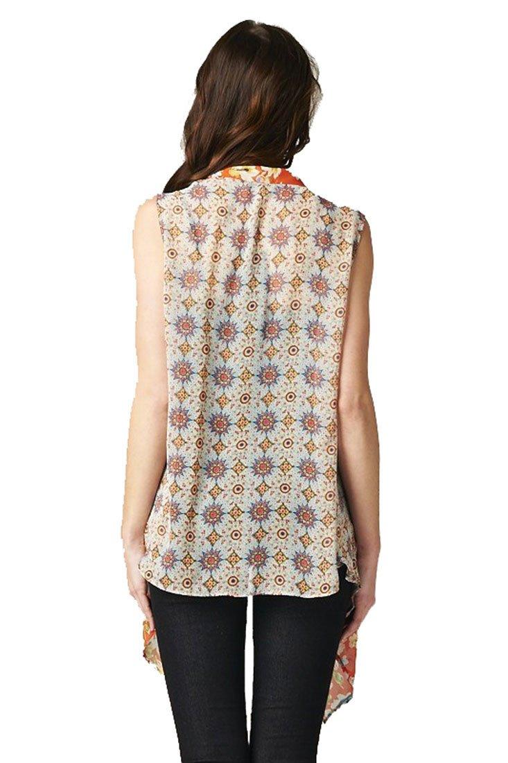 Niobe Clothing Floral Medallion Orange Multi Color Chiffon Sleeveless Top Blouse - f_outerwear