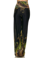 Niobe Clothing High Waist Fold Over Wide Leg Gaucho Palazzo Pants (Emerald Floral) - pants