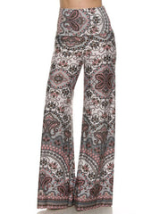 Niobe Clothing High Waist Foldover Boho Palazzo Pants (Grey Pink Mosaic) - pants