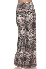 Niobe Clothing High Waist Foldover Boho Palazzo Pants (Grey Pink Mosaic) - pants