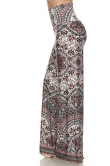 Niobe Clothing High Waist Foldover Boho Palazzo Pants (Grey Pink Mosaic) - pants