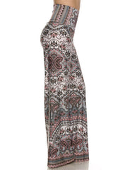 Niobe Clothing High Waist Foldover Boho Palazzo Pants (Grey Pink Mosaic) - pants