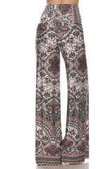 Niobe Clothing High Waist Foldover Boho Palazzo Pants (Grey Pink Mosaic) - pants