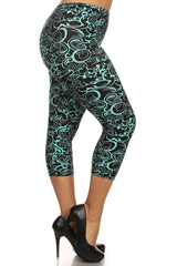 Niobe Clothing Teal Swirls Design Plus Size Capri Leggings - leggings