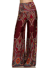 Niobe Clothing High Waist Fold Over Wide Leg Gaucho Palazzo Pants (Burgundy Paisley) - pants