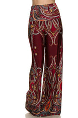 Niobe Clothing High Waist Fold Over Wide Leg Gaucho Palazzo Pants (Burgundy Paisley) - pants