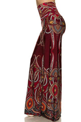 Niobe Clothing High Waist Fold Over Wide Leg Gaucho Palazzo Pants (Burgundy Paisley) - pants