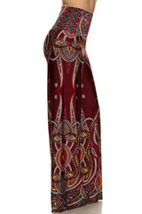 Niobe Clothing High Waist Fold Over Wide Leg Gaucho Palazzo Pants (Burgundy Paisley) - pants