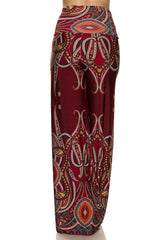 Niobe Clothing High Waist Fold Over Wide Leg Gaucho Palazzo Pants (Burgundy Paisley) - pants
