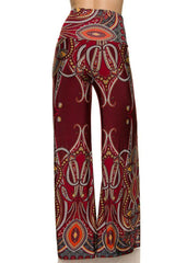 Niobe Clothing High Waist Fold Over Wide Leg Gaucho Palazzo Pants (Burgundy Paisley) - pants