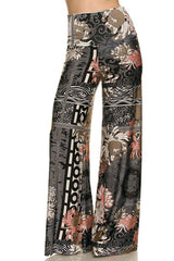 Niobe Clothing High Waist Fold Over Wide Leg Gaucho Palazzo Pants (Gray Beige Damask) - pants