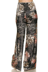 Niobe Clothing High Waist Fold Over Wide Leg Gaucho Palazzo Pants (Gray Beige Damask) - pants