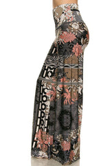 Niobe Clothing High Waist Fold Over Wide Leg Gaucho Palazzo Pants (Gray Beige Damask) - pants