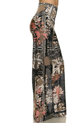 Niobe Clothing High Waist Fold Over Wide Leg Gaucho Palazzo Pants (Gray Beige Damask) - pants