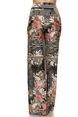 Niobe Clothing High Waist Fold Over Wide Leg Gaucho Palazzo Pants (Gray Beige Damask) - pants