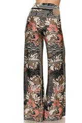 Niobe Clothing High Waist Fold Over Wide Leg Gaucho Palazzo Pants (Gray Beige Damask) - pants