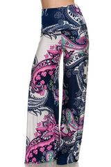 Niobe Clothing High Waist Fold Over Wide Leg Gaucho Palazzo Pants (Pink Paisley) - pants