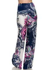 Niobe Clothing High Waist Fold Over Wide Leg Gaucho Palazzo Pants (Pink Paisley) - pants