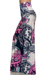 Niobe Clothing High Waist Fold Over Wide Leg Gaucho Palazzo Pants (Pink Paisley) - pants