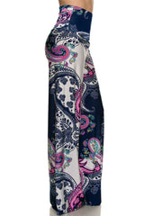 Niobe Clothing High Waist Fold Over Wide Leg Gaucho Palazzo Pants (Pink Paisley) - pants