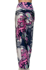 Niobe Clothing High Waist Fold Over Wide Leg Gaucho Palazzo Pants (Pink Paisley) - pants