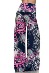 Niobe Clothing High Waist Fold Over Wide Leg Gaucho Palazzo Pants (Pink Paisley) - pants